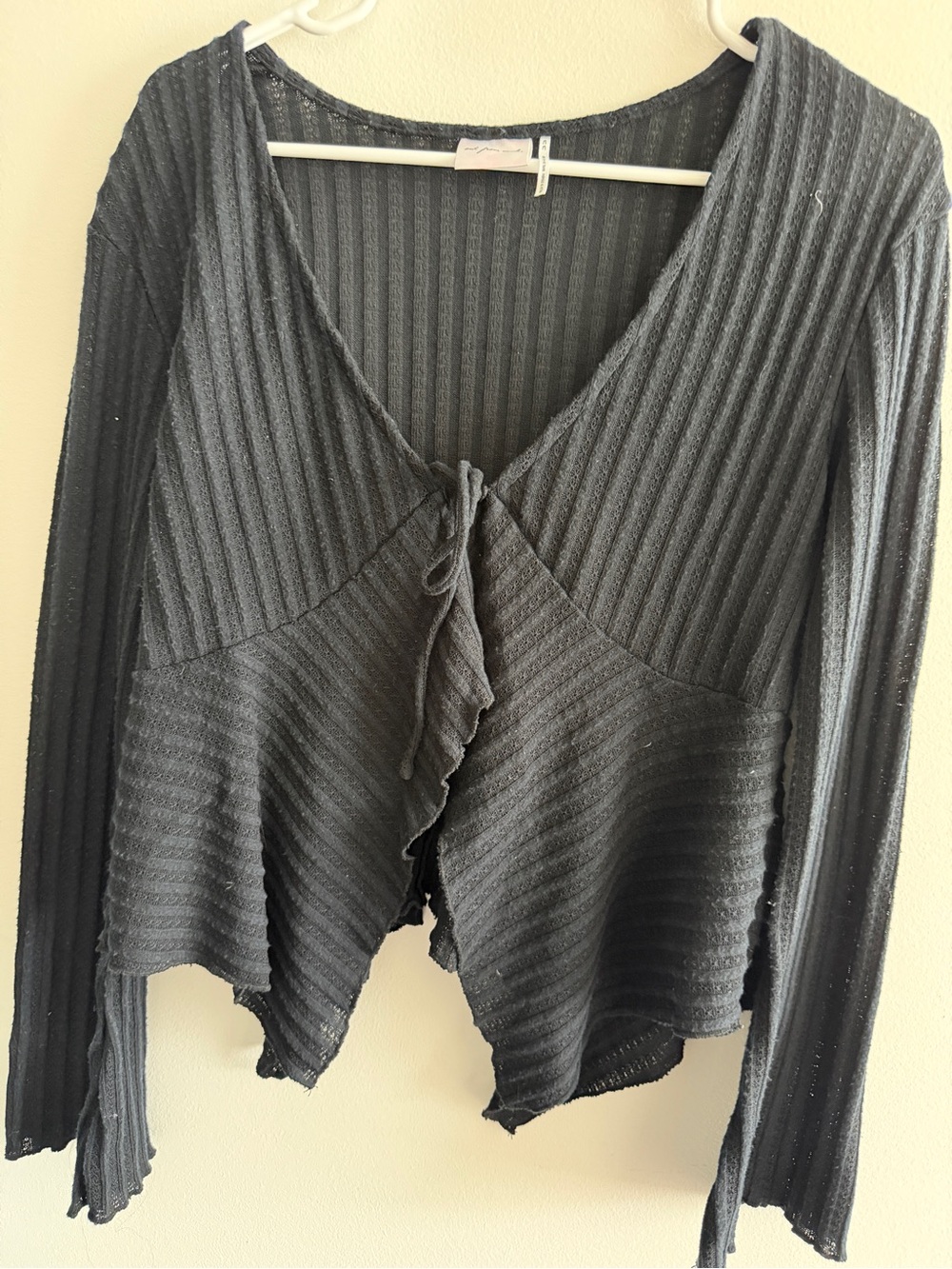 Urban Outfitters Black Ribbed Tie-Front Long Sleeve Top